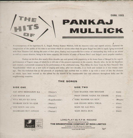 The Greatest Hits Of Pankaj Mullick Bollywood Vinyl LP