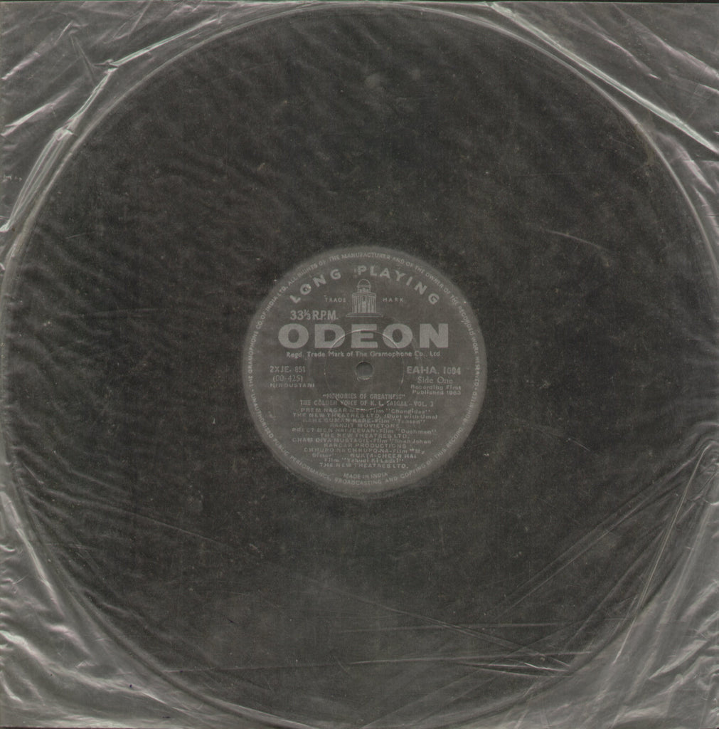 Memories of Greatness The Golden Voice of K.L. Saigal Vol. 3 - Compilation Bollywood Vinyl LP - No Sleeve