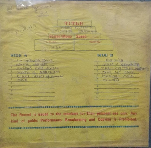 "SOUTH OF THE BORDER HERB ALPERT'S TIJUANA BRASS" English vinyl LP